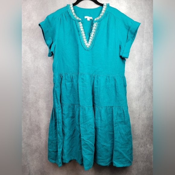 Chico's Women's Ecru 100% Linen Embellished Cap Sleeve Dress Sz 10 - Picture 6 of 15